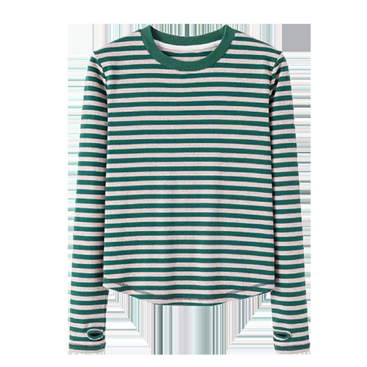Ladies casual long sleeve shirt with fashionable stripe pattern and thumb holes Chic & Stil