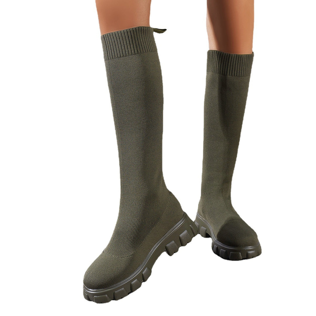 High knitted boots for women with slip-resistant molded sole and elastic upper Lune London