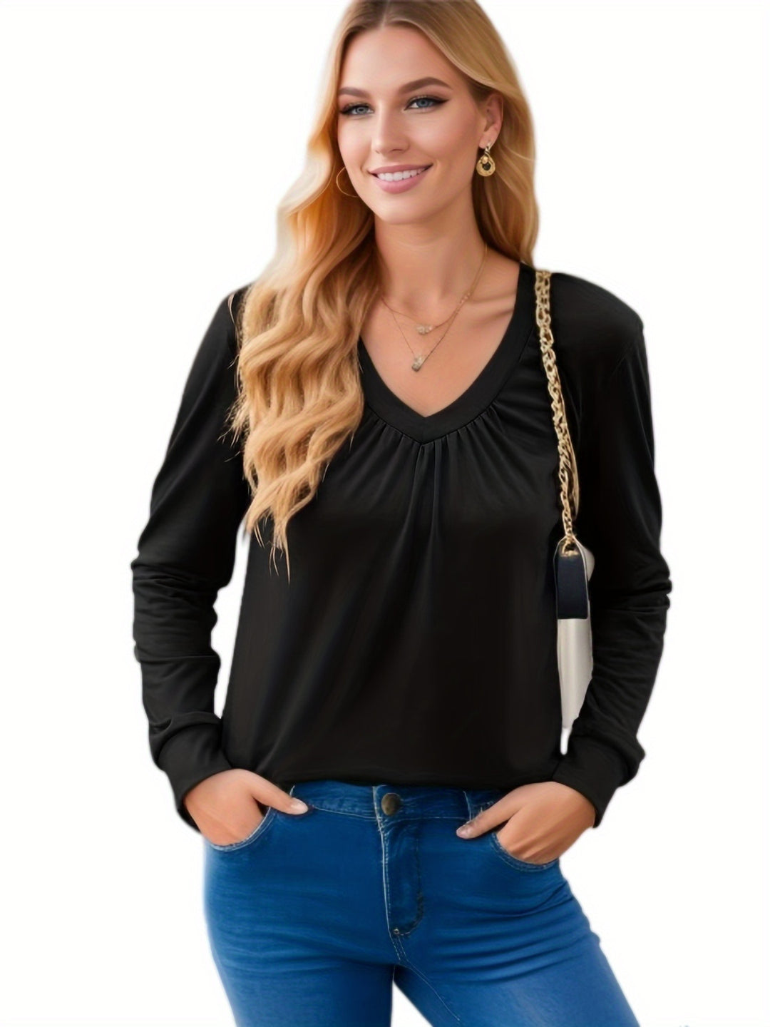 Woman long sleeve V-neck t-shirt with elegant draping and a relaxed fit Lune London