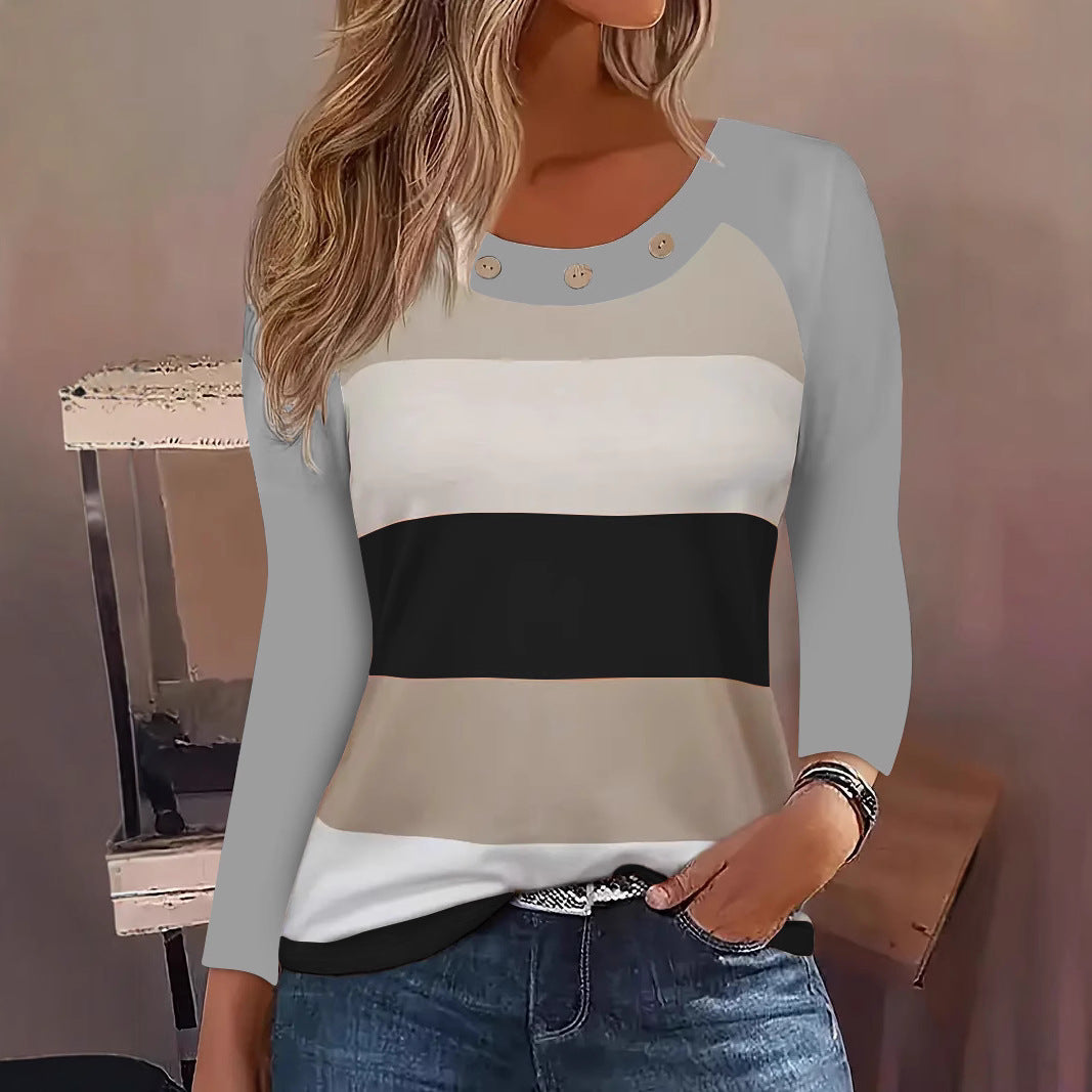 Long sleeve t-shirt for women with a trendy striped pattern and decorative buttons Lune London