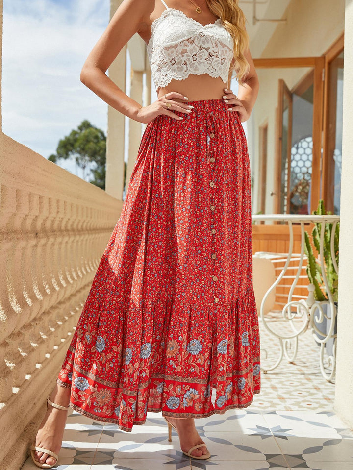 Summer dresses for women long, floral with elastic waist and ruffle finish Lune London