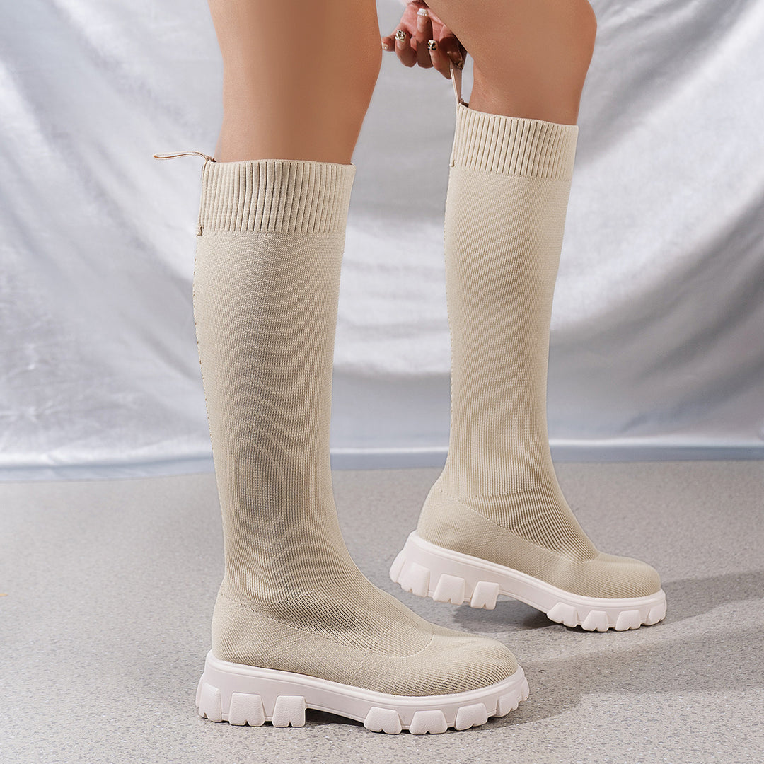 High knitted boots for women with slip-resistant molded sole and elastic upper Lune London
