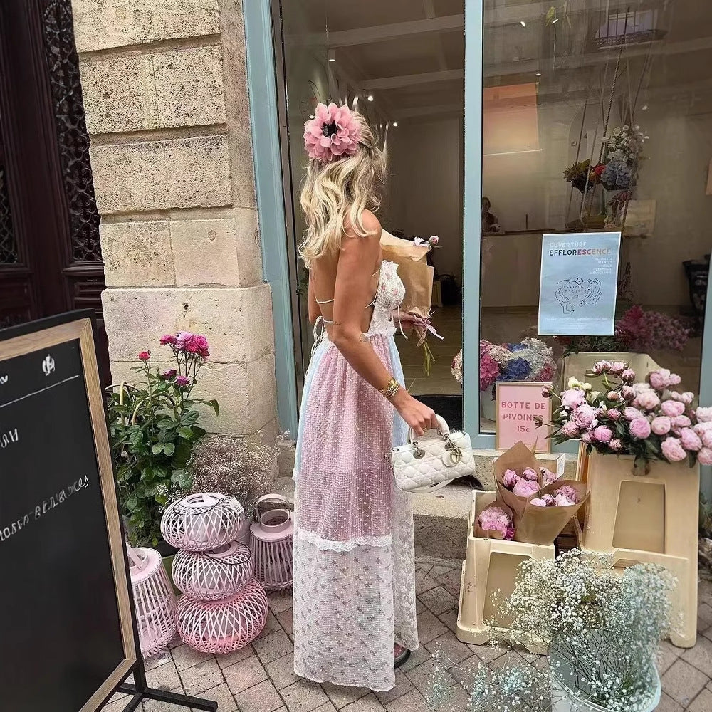 Maxi dress for women with a floral and checked patchwork look Lune London