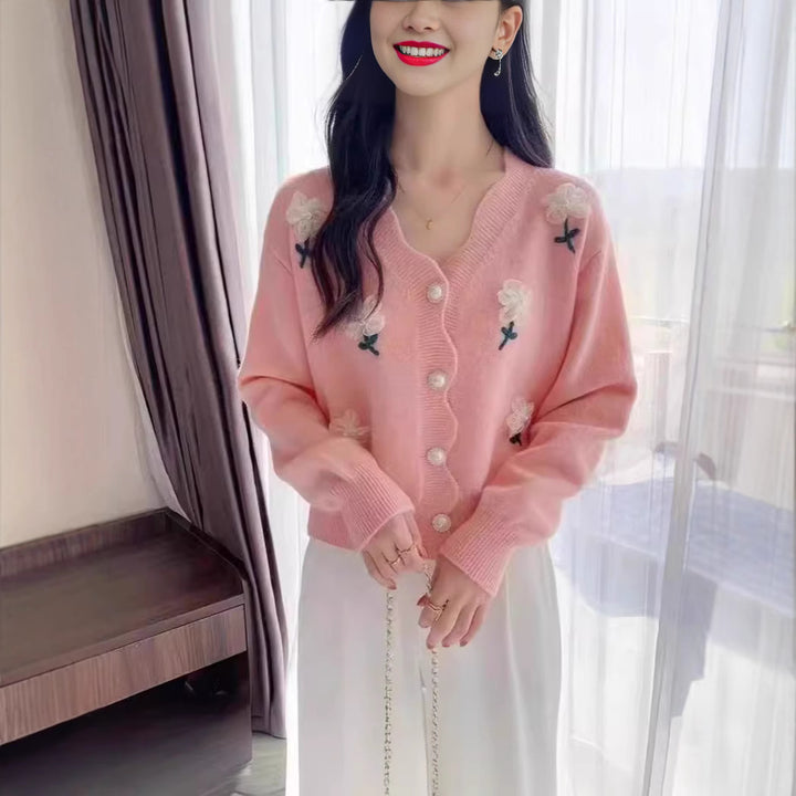 Sweater jacket for women with a floral design and elegant pearl buttons Lune London