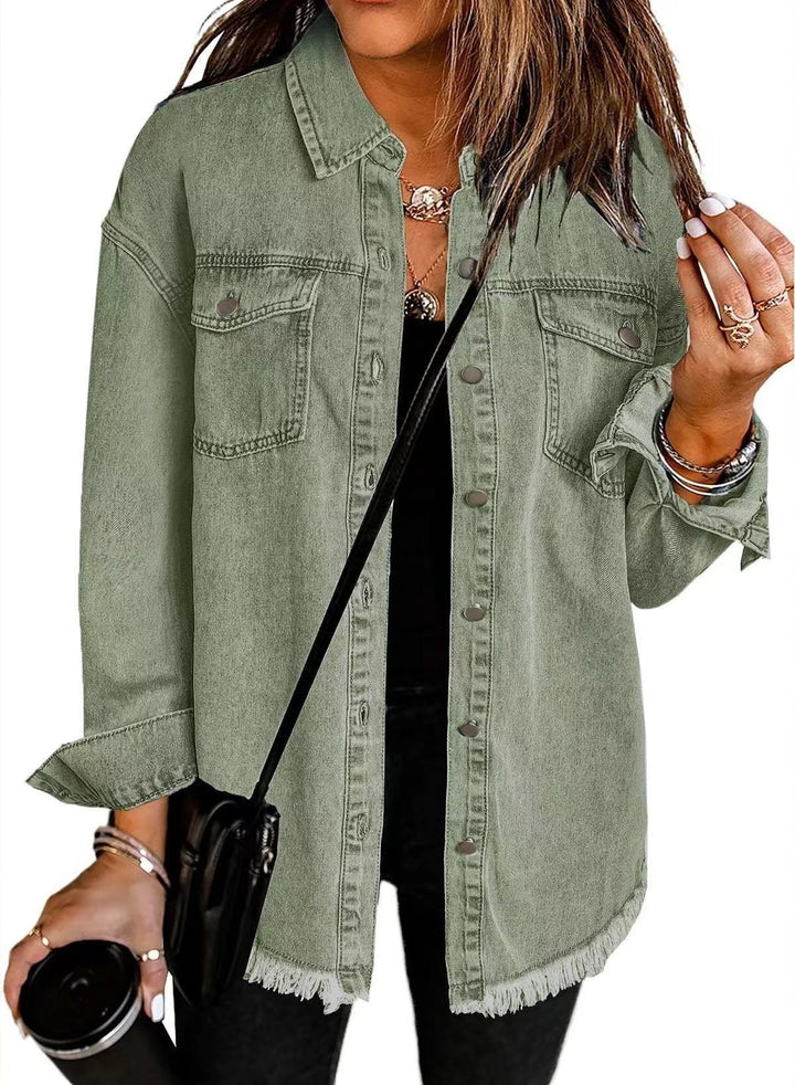 Women's denim shirt with frayed hem and practical pockets Lune London