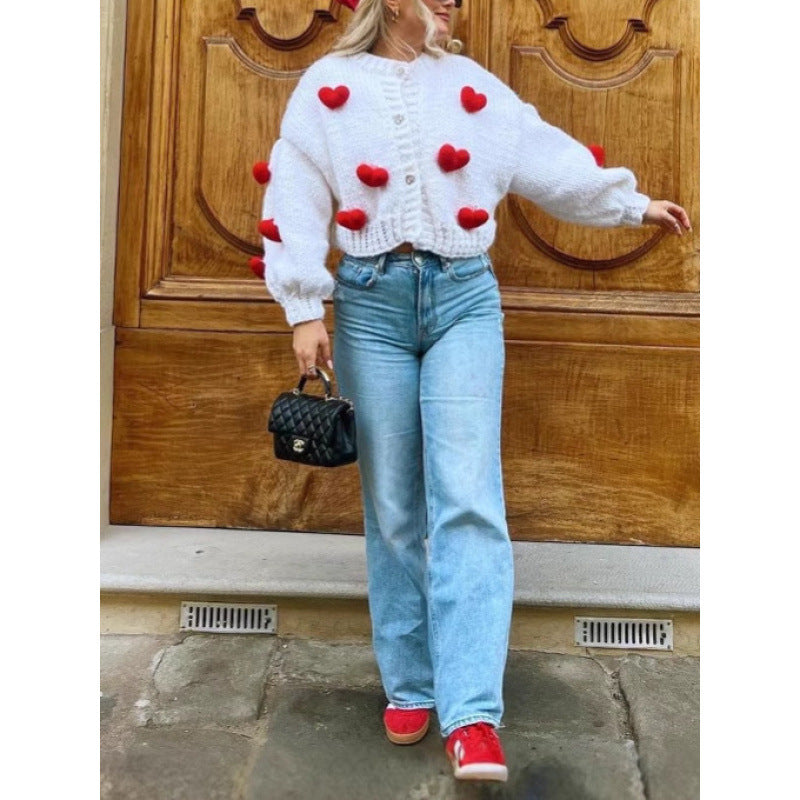 Ladies playful knitted cardigan with heart-shaped appliqués Lune London