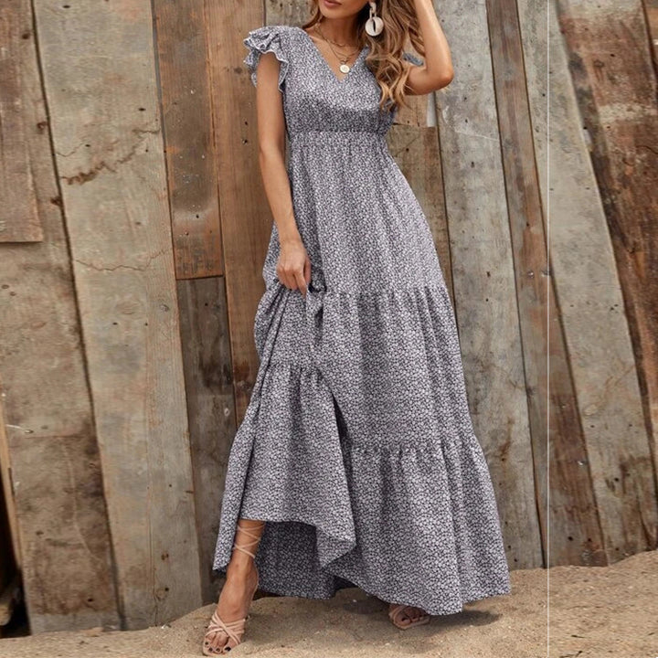 Maxi dress for women with delicate ruffled details and a deeper V-neck Lune London