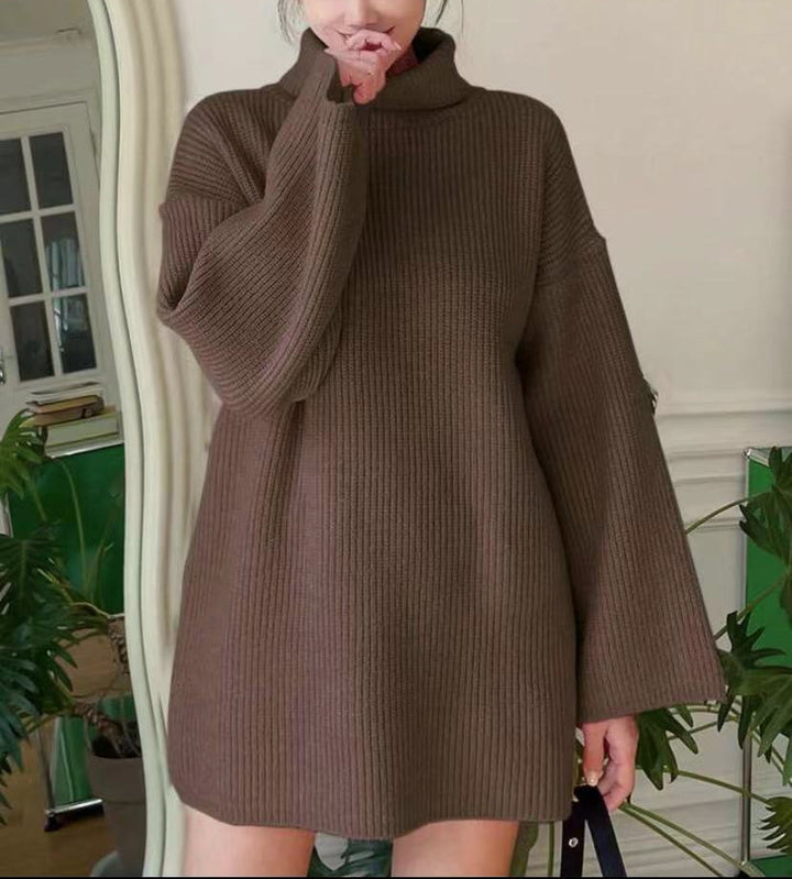 Ladies Long Knit Sweater with High Collar and Flared Sleeves Lune London