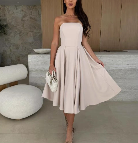 A-line midi strapless dress for women with flowy skirt Lune London