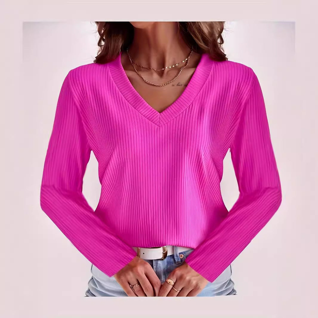 Women Long Sleeve V-Neck Top with Ribbed Structure Lune London