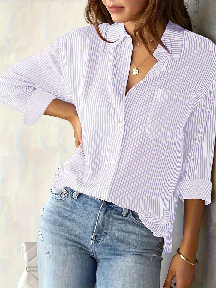 Striped blouse for ladies with a loose fit and practical chest pocket Lune London