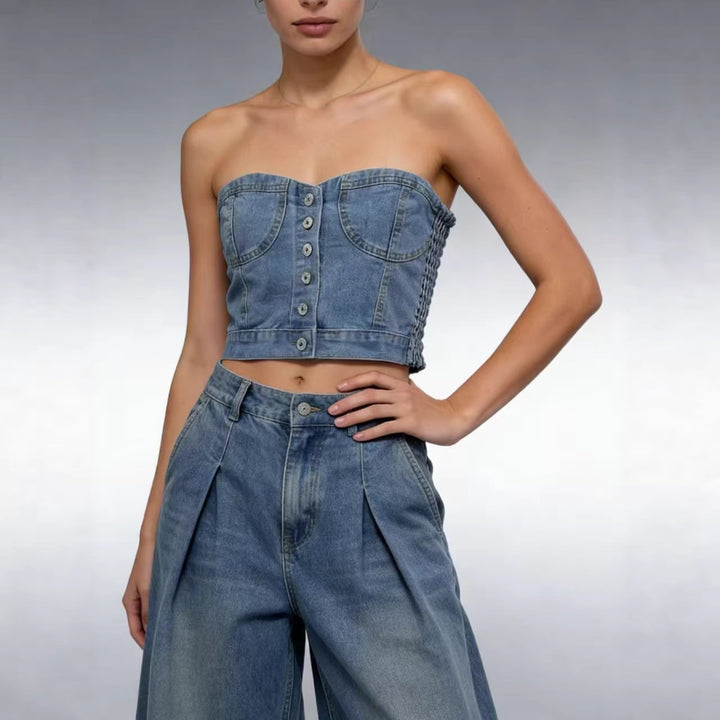 Women's Denim Bustier Top with Button Details and Tailored Fit Lune London