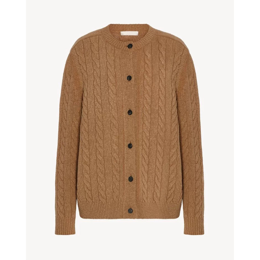 Ladies chunky knit cardigan with decorative cable pattern and button placket Lune London
