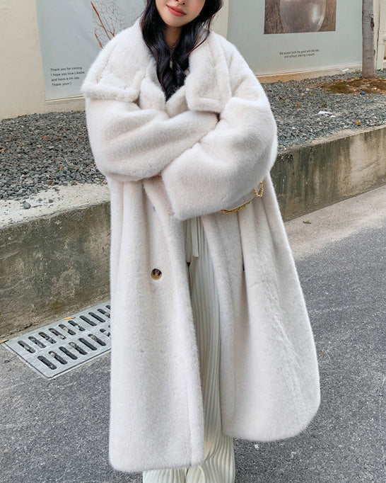 Lune London | Collar Double Breasted Faux Mink Fur Long Coat
