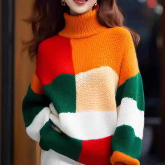 Chunky knitted sweater with turtleneck and bright color block design Lune London