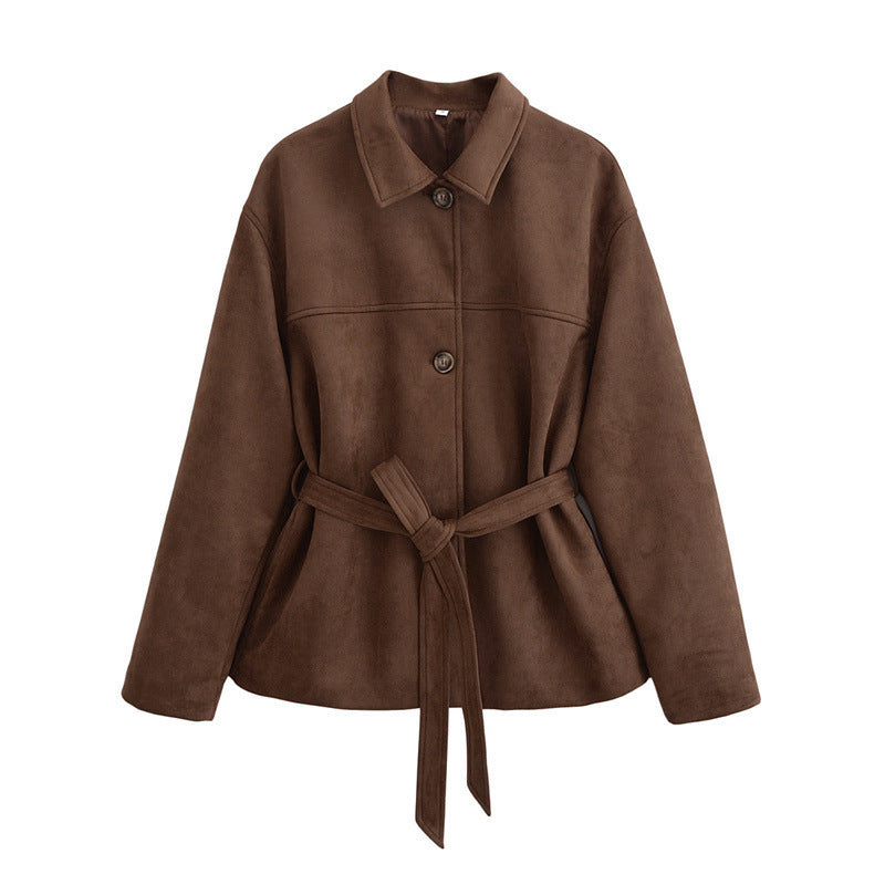Trendy women's jacket with belt in soft synthetic suede Lune London