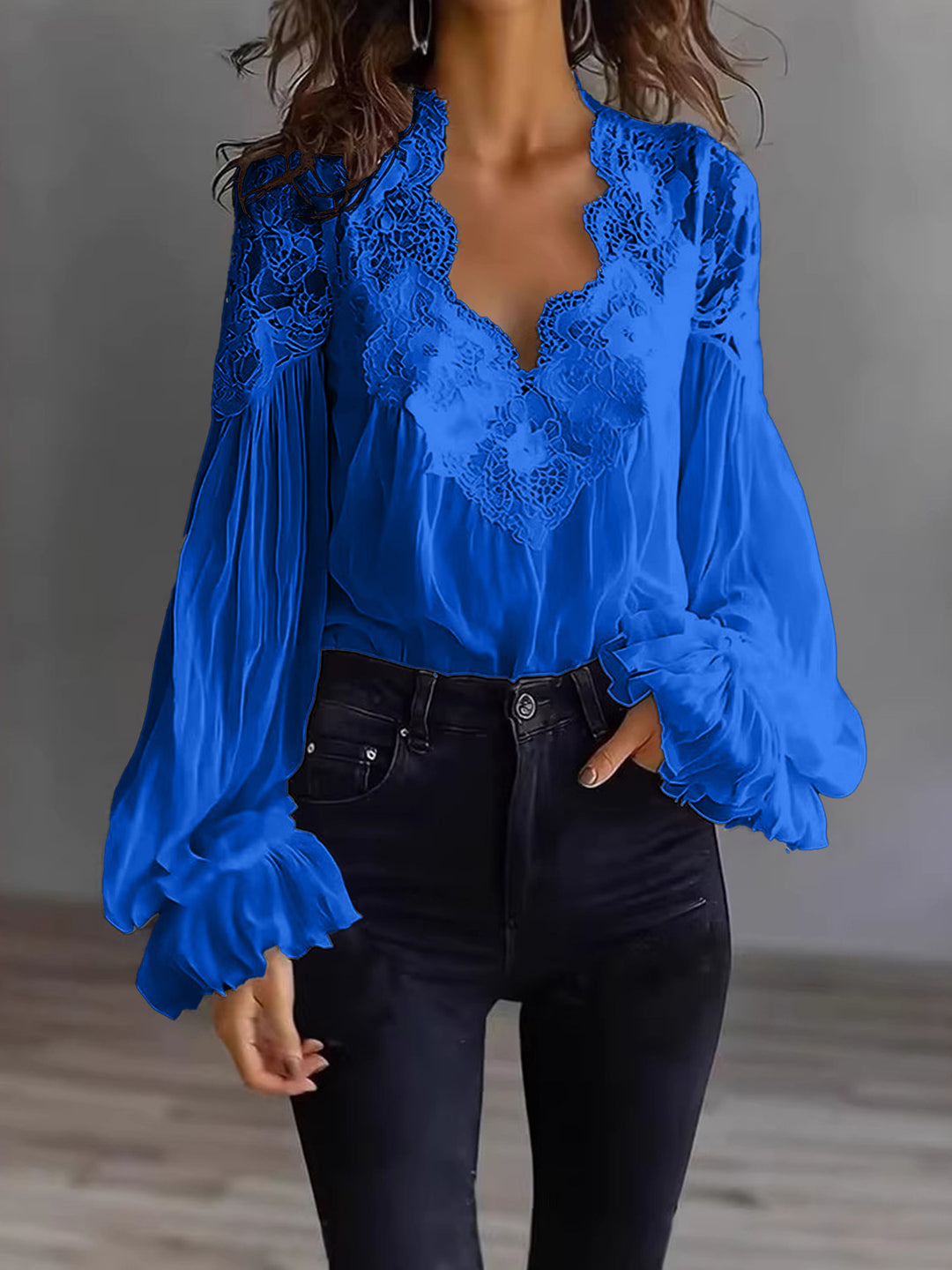 Women's Flowing Blouse with Lace Applications and Long Ruffle Sleeves Lune London