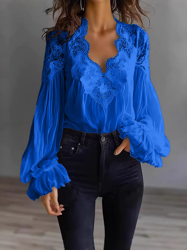 Women's Flowing Blouse with Lace Applications and Long Ruffle Sleeves Lune London