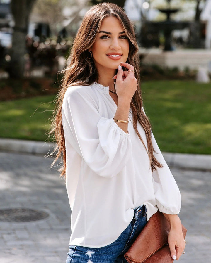 Blouse women with deep V-neck and elegant puff sleeves Lune London