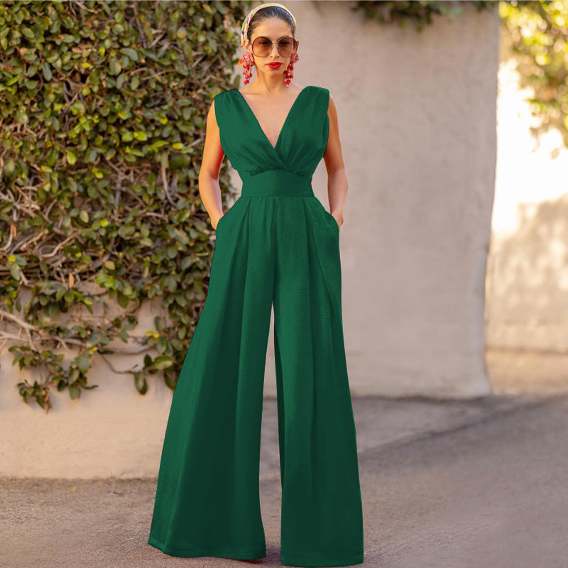 Ladies Jumpsuit with Deep V-Neck and Wide Cut Leg Lune London