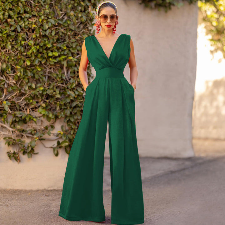 Ladies Jumpsuit with Deep V-Neck and Wide Cut Leg Lune London