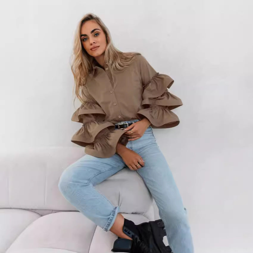 Blouse for ladies with button placket and ruffled sleeves Lune London