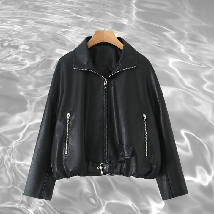 Synthetic leather jacket for women with adjustable belt and zippered side pockets Lune London