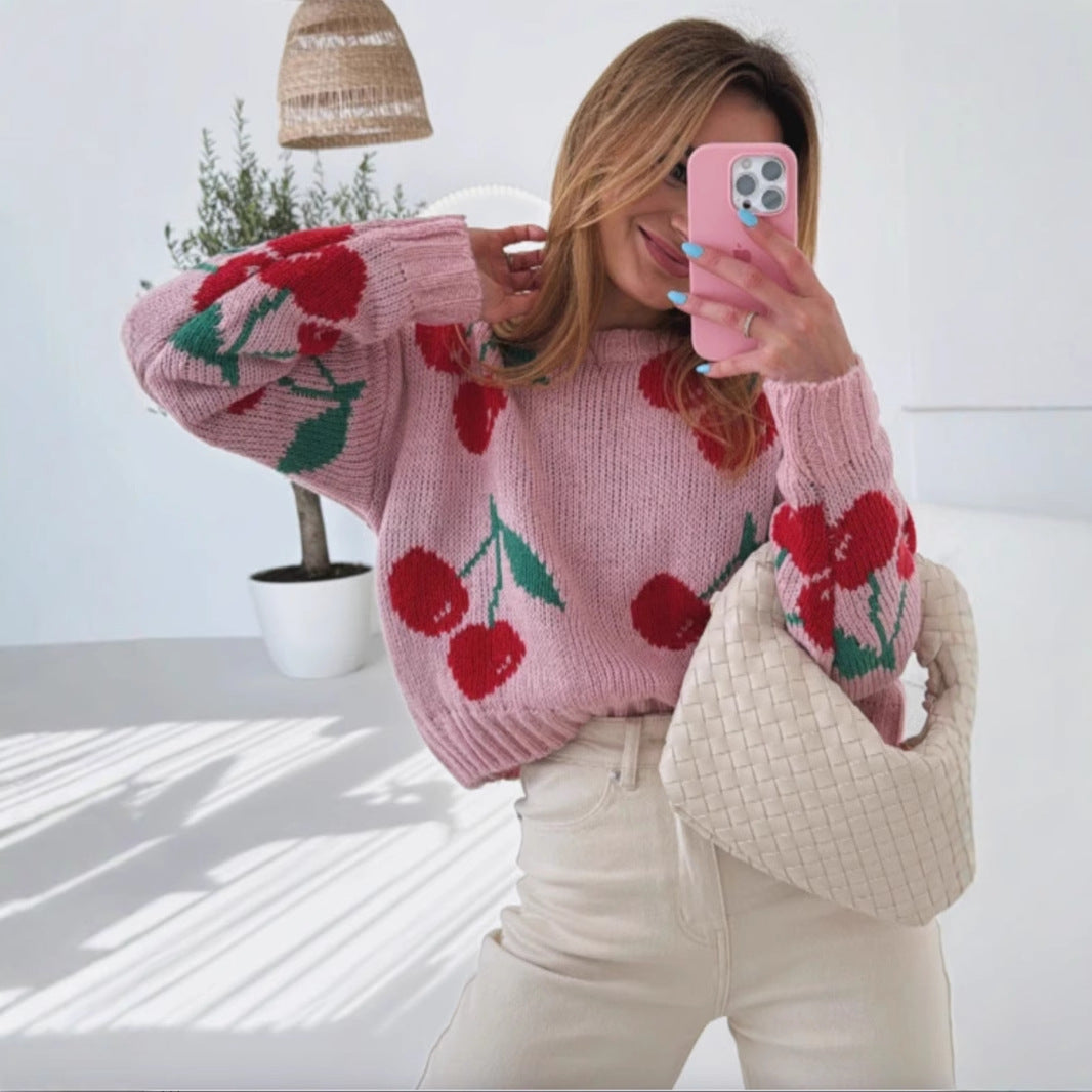 Casual sweater for women with fruity cherry pattern and soft knit Lune London
