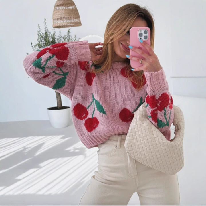Casual sweater for women with fruity cherry pattern and soft knit Lune London
