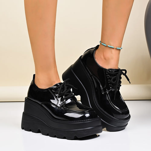 Lace-up platform shoes for ladies with shiny upper and non-slip sole Lune London