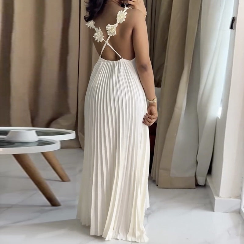 Women Elegant Maxi Dress with Casual Pleats and Decorative Shoulder Flowers Lune London