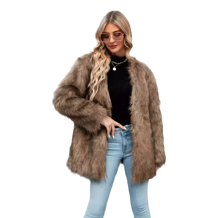 Ladies Luxury Faux Fur Coat with Open Collar Lune London