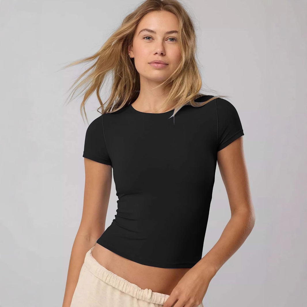 Women's Fitted Short Sleeve Shirt Made of Elastic Cotton Blend with Round Neckline and Seamless Design Lune London