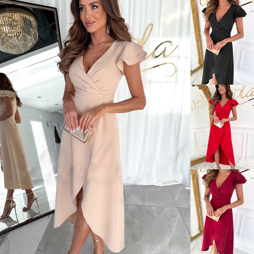 Elegant midi dress with wrap neckline for women with frill sleeves Lune London