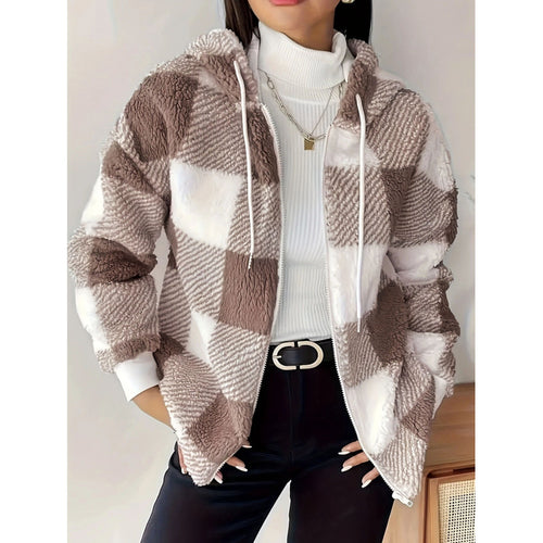 Ladies cozy teddy jacket with checkered pattern and practical pockets Lune London