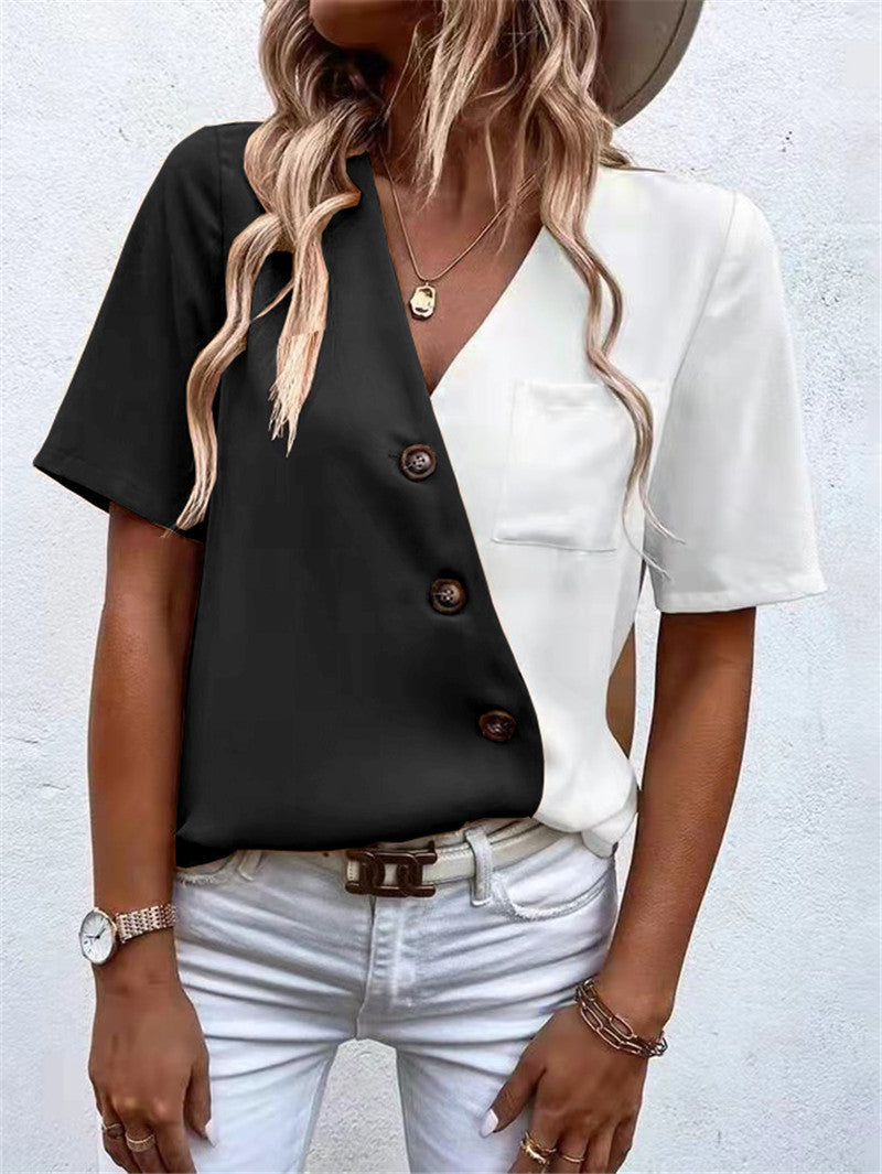 Short-sleeve women's blouse with asymmetrical cut and button details Lune London