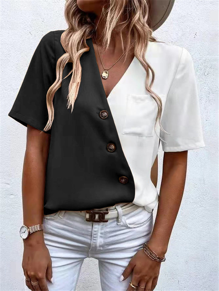 Short-sleeve women's blouse with asymmetrical cut and button details Lune London