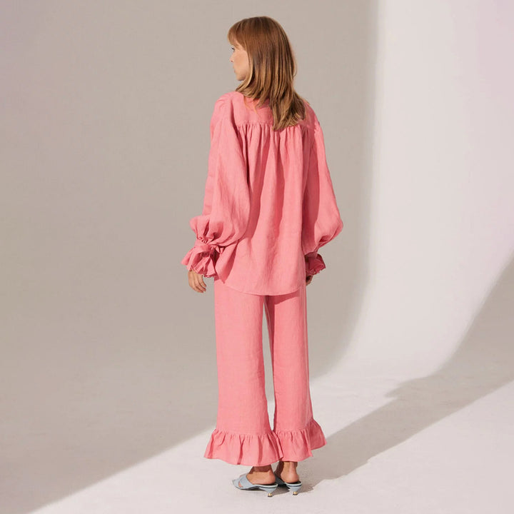 Casual linen set for women with ruffle details Lune London