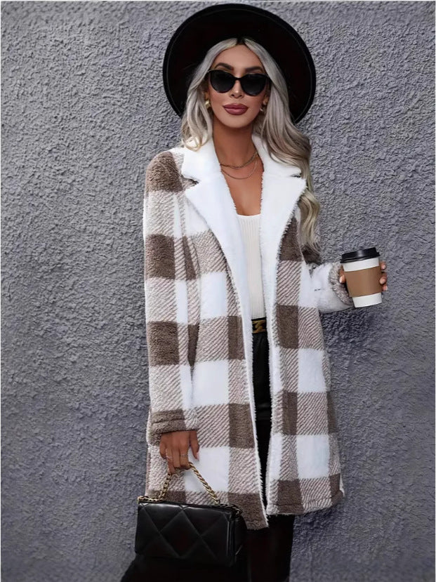 Women's plush coat with checkered pattern and trendy lapels Lune London