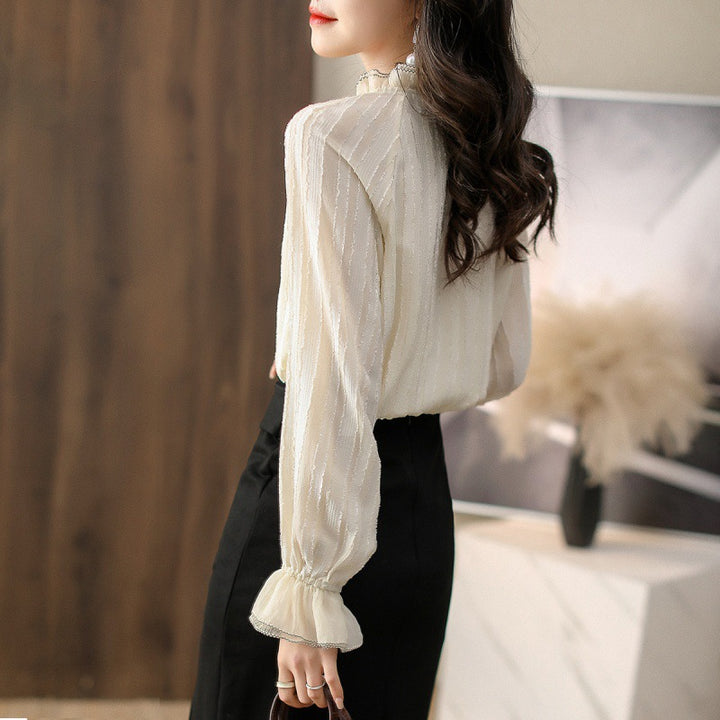Ruffled high neck blouse for women with sheer sleeve details Lune London