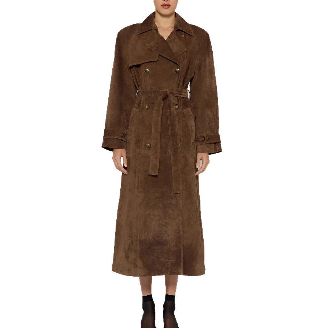 Lune London elegant fitted suede leather trench coat for women with belt