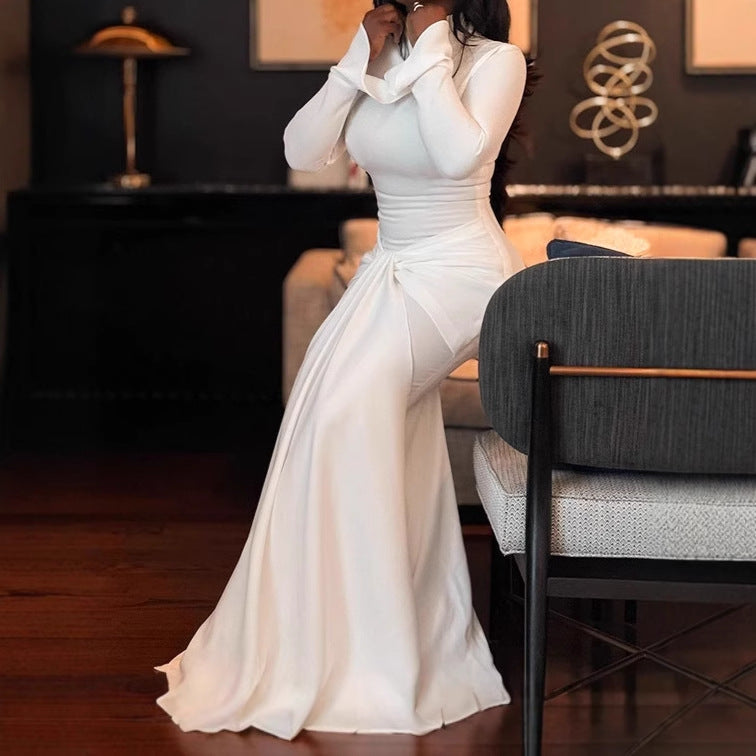Ladies Elegant Maxi Dress with fitted cut and ruffle details Lune London