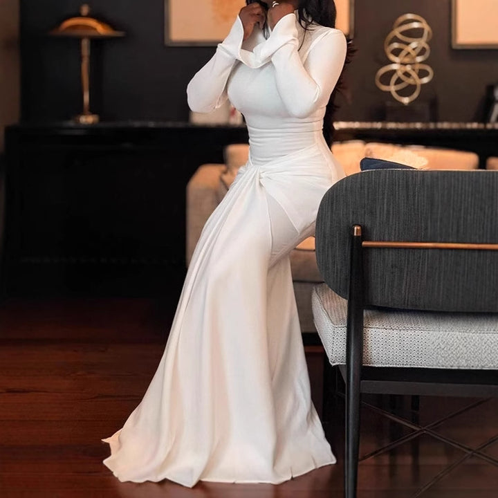 Ladies Elegant Maxi Dress with fitted cut and ruffle details Lune London