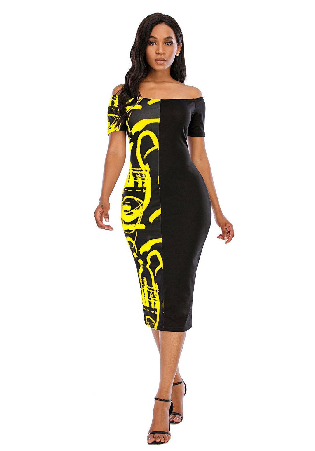 Women Elegant Midi Dress with Off-Shoulder Design, Graphic Print, and Fitted Silhouette Lune London