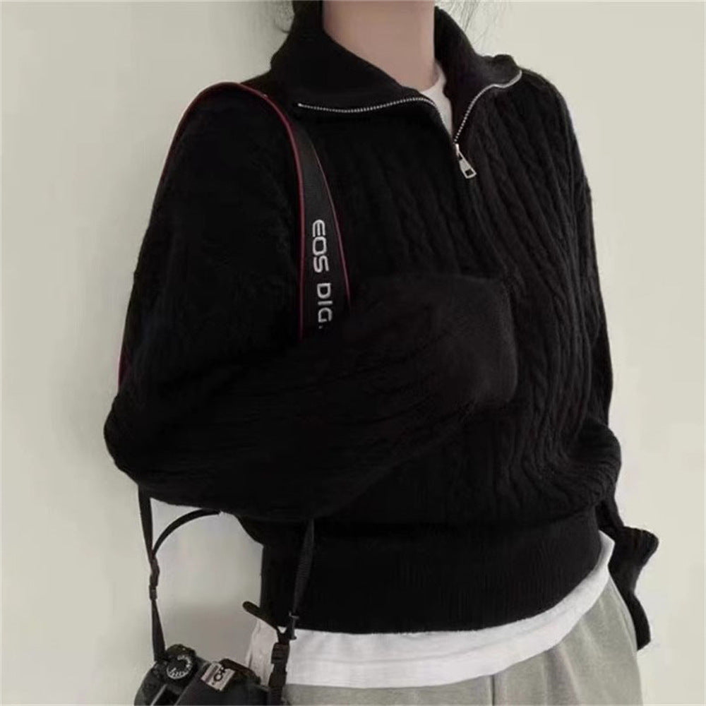 Cozy knitted sweater for women with high collar and zip Lune London