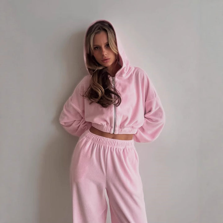 Velvet jogger set for women with high collar and zipper Lune London