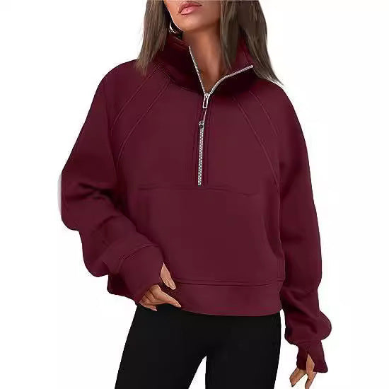 Ladies mid-zip plush pullover with hood and kangaroo pocket Lune London