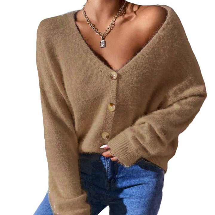 Ladies fluffy knit cardigan with golden buttons and relaxed fit Lune London