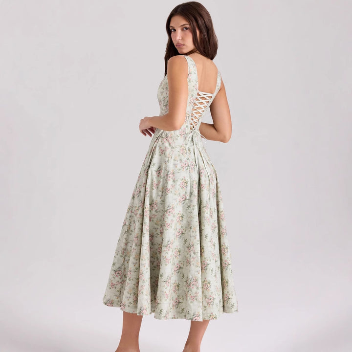 Women's Floral Maxi Dress with Slim Straps and Side Pockets