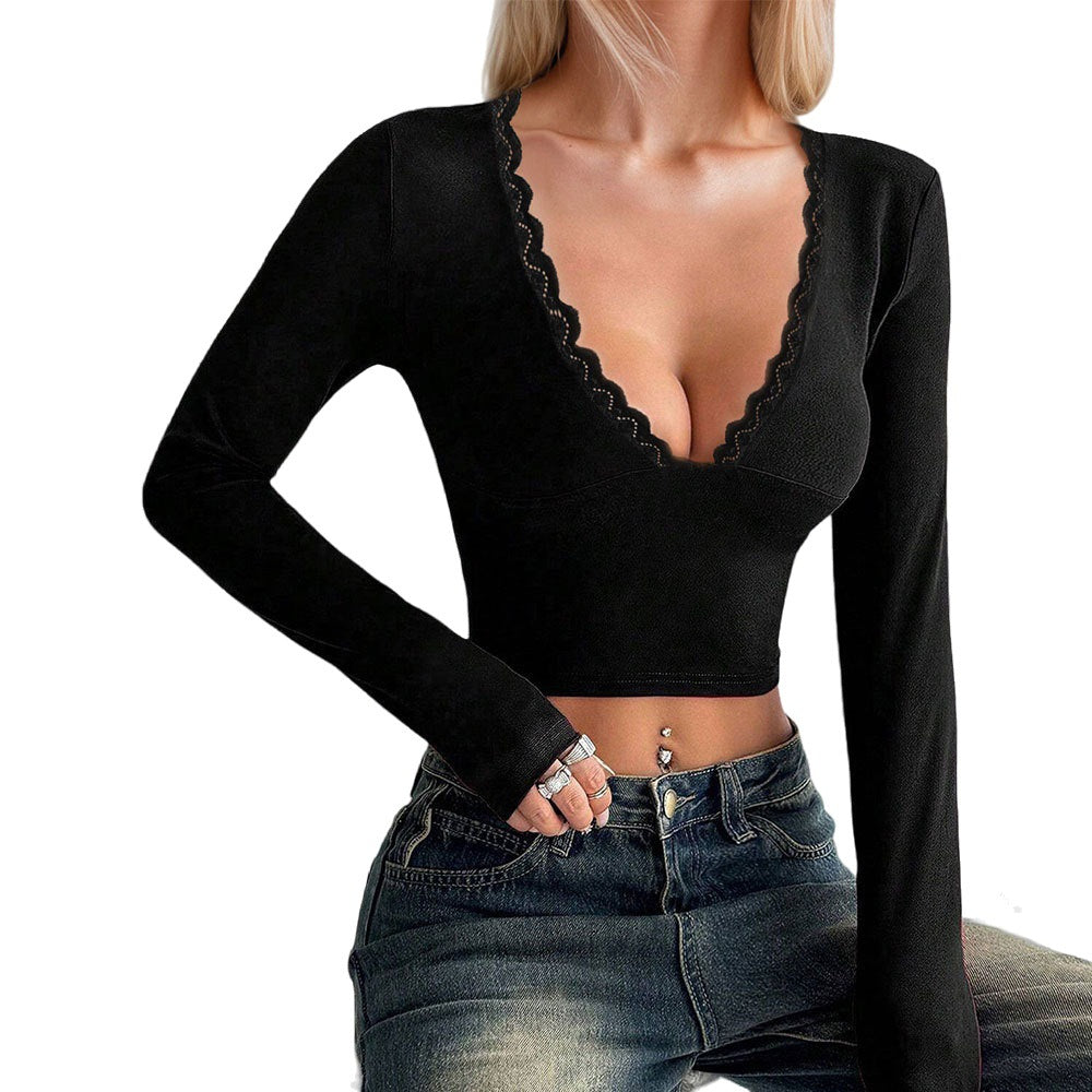 Top à manches longues pour femmes avec décolleté en V profond et élégant bord en dentelle Chic & Stil